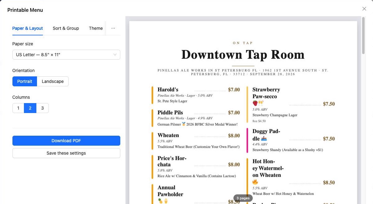 Printable menu settings with a two-column preview of the Downtown Tap Room menu