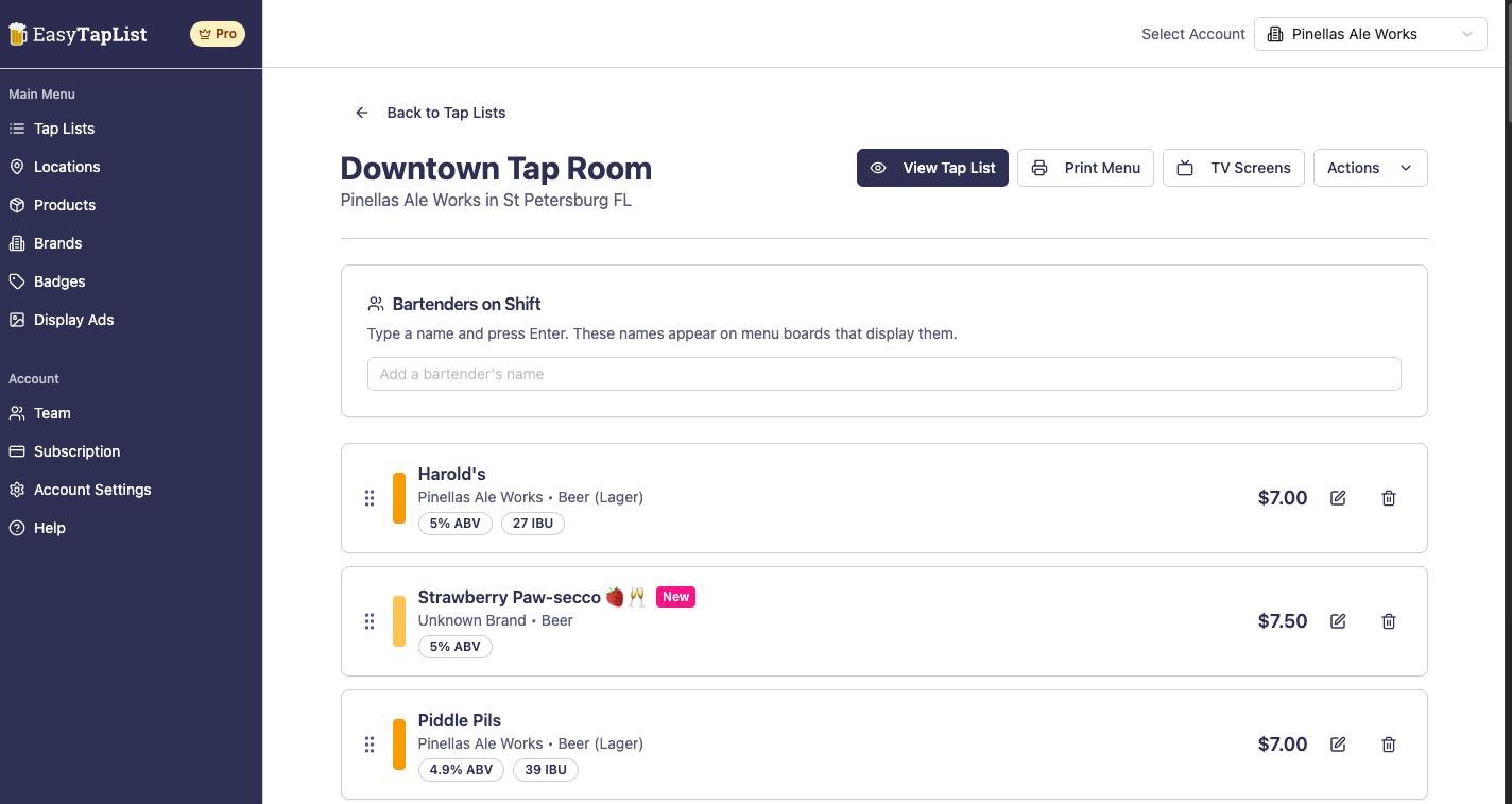 The Downtown Tap Room tap list in the EasyTapList dashboard, with drag handles, prices and edit buttons for each beer