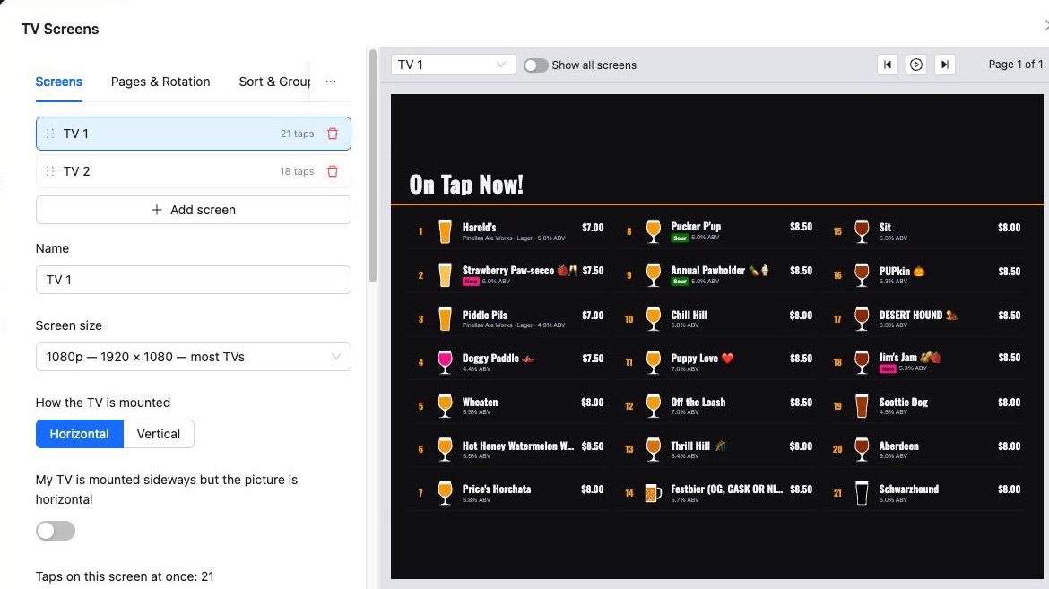 TV screen settings with a live preview of the Downtown Tap Room menu board